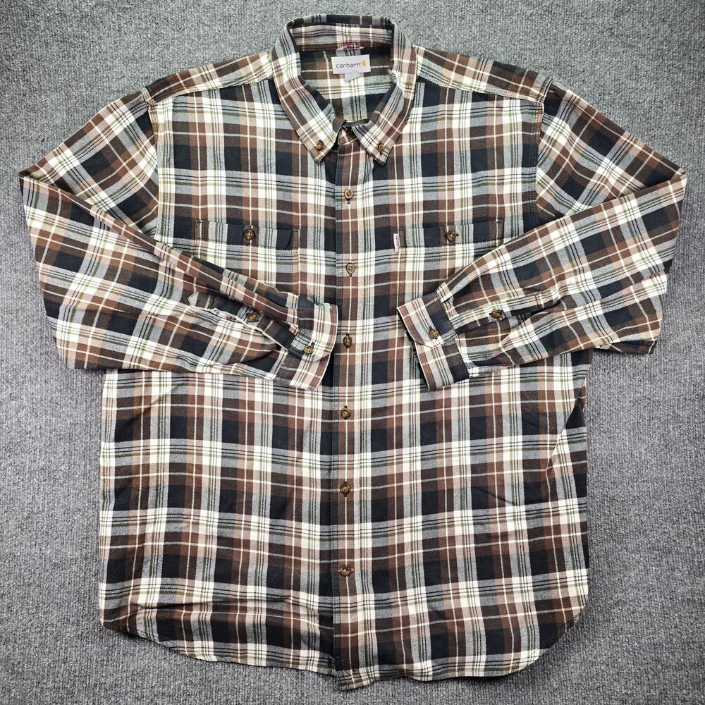 Carhartt Flannel Shirt Mens XXL Brown Black Plaid Cotton Relaxed Fit Workwear